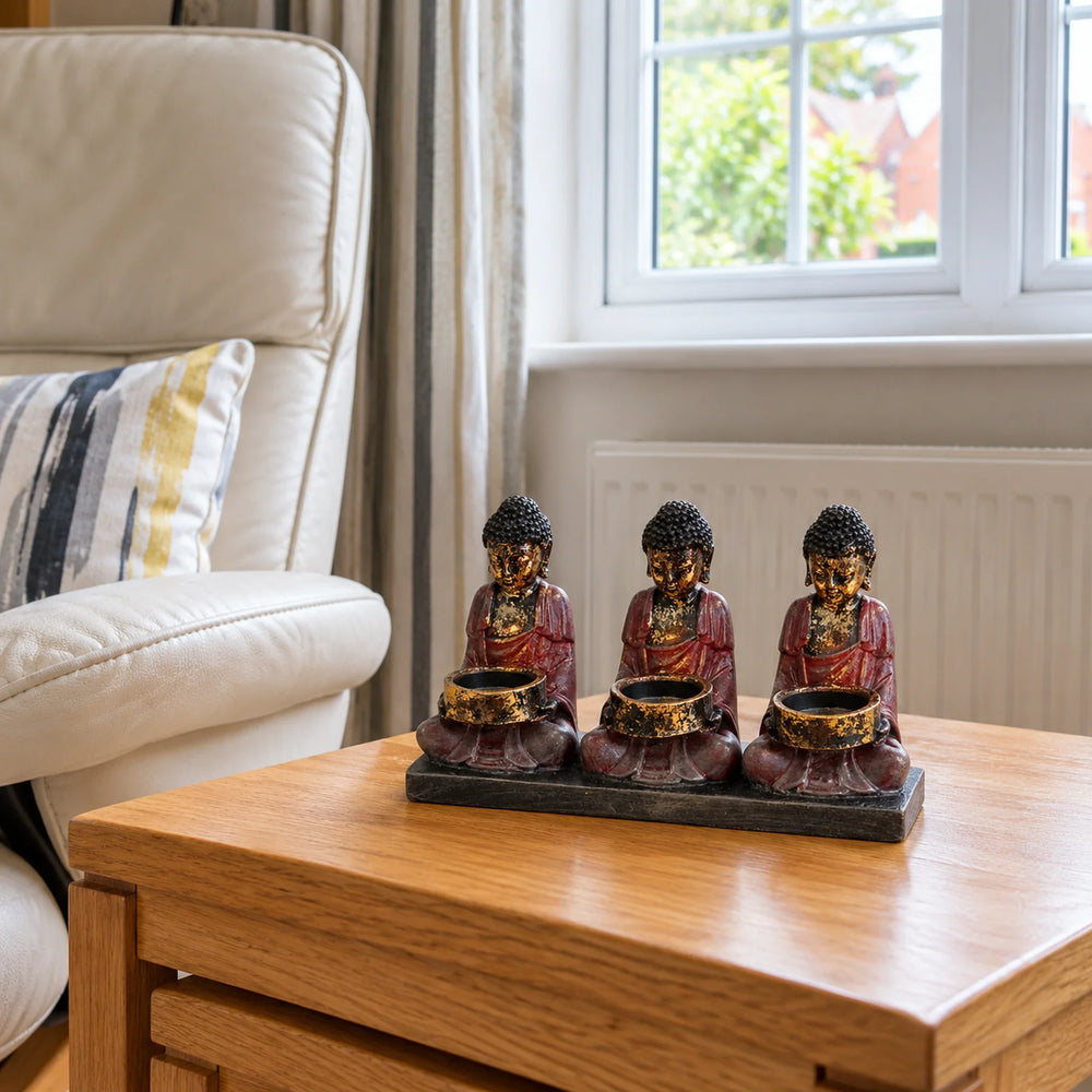 Antique Small Buddha Figurines - Three Devotees Candle Holder