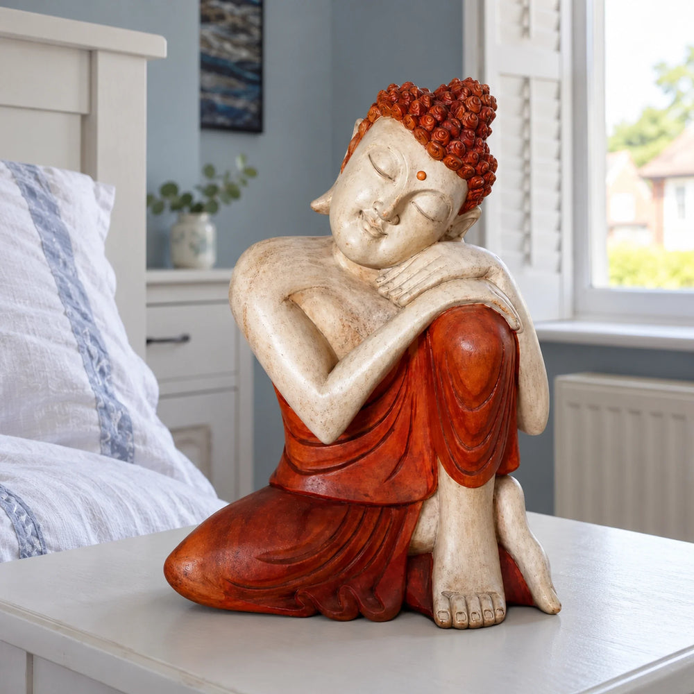 Hand Carved Wooden Buddha Sitting Statue - 30cm Thinking