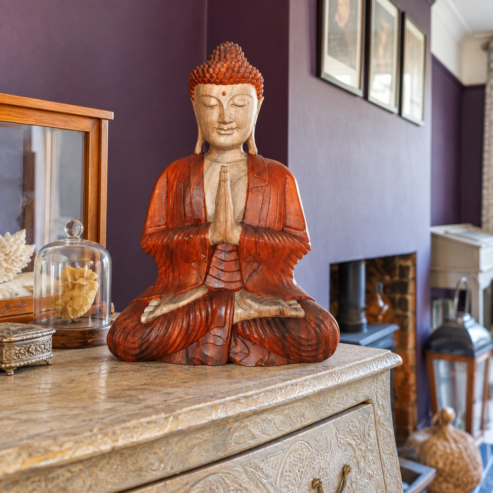 Hand Carved Wooden Buddha Sitting Statue - 30cm Welcome
