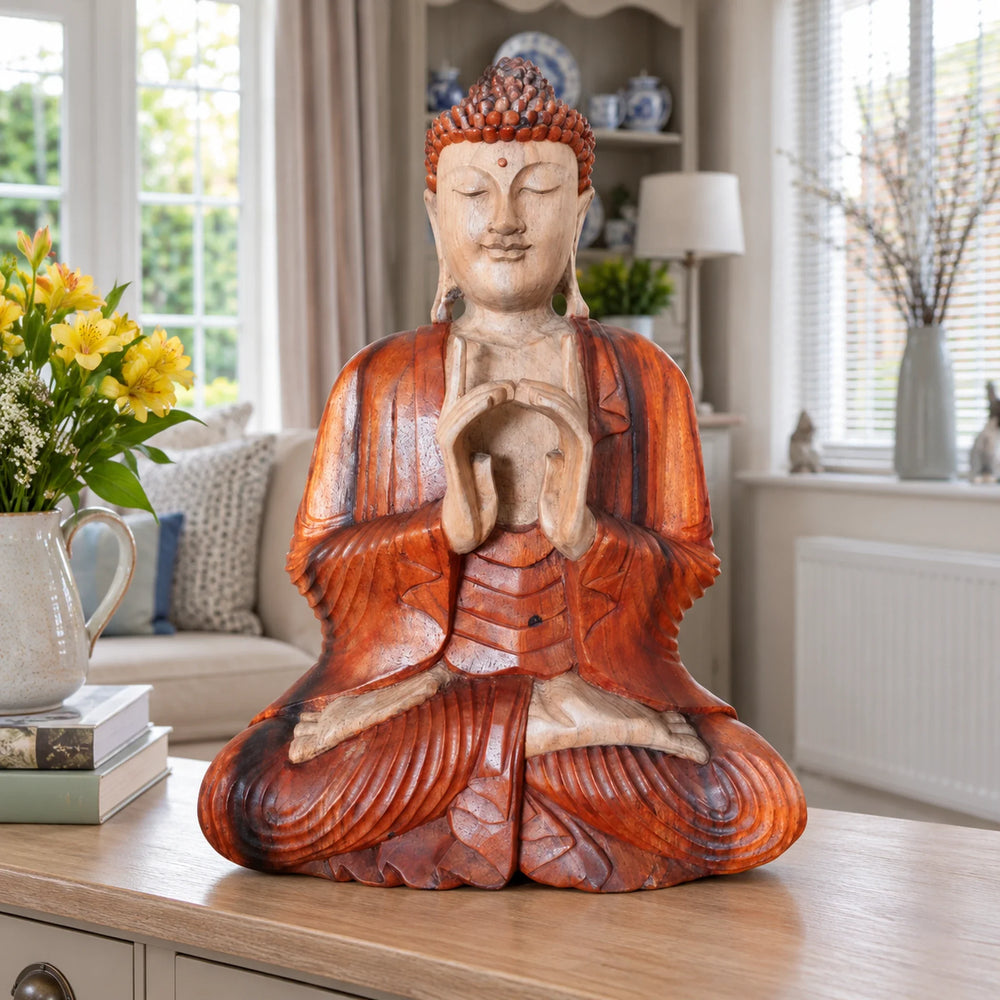 Hand Carved Wooden Buddha Sitting Statue - 60cm Two Hands