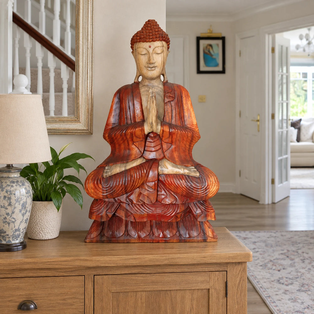 Hand Carved Wooden Buddha Sitting Statue - 80cm Welcome