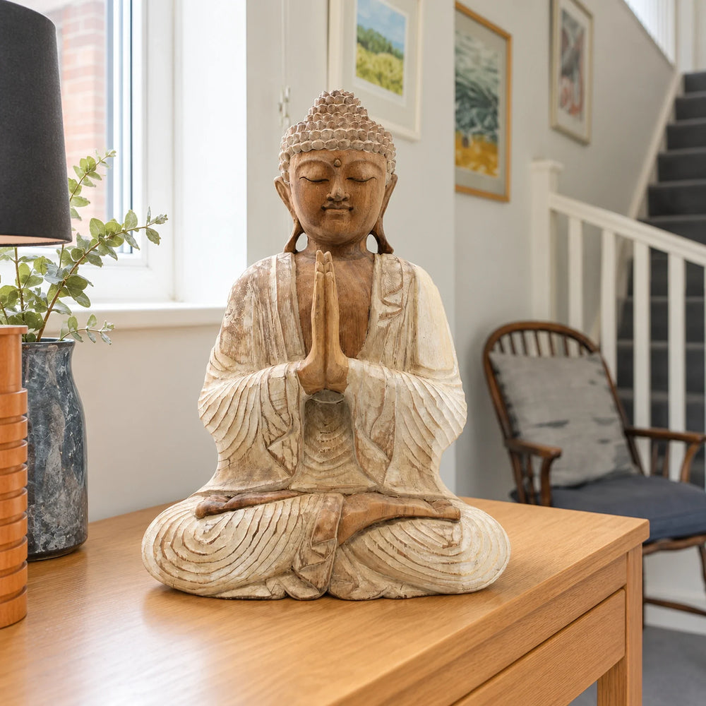 Hand Carved Wooden Buddha Sitting Statue Whitewash - 40cm Welcome