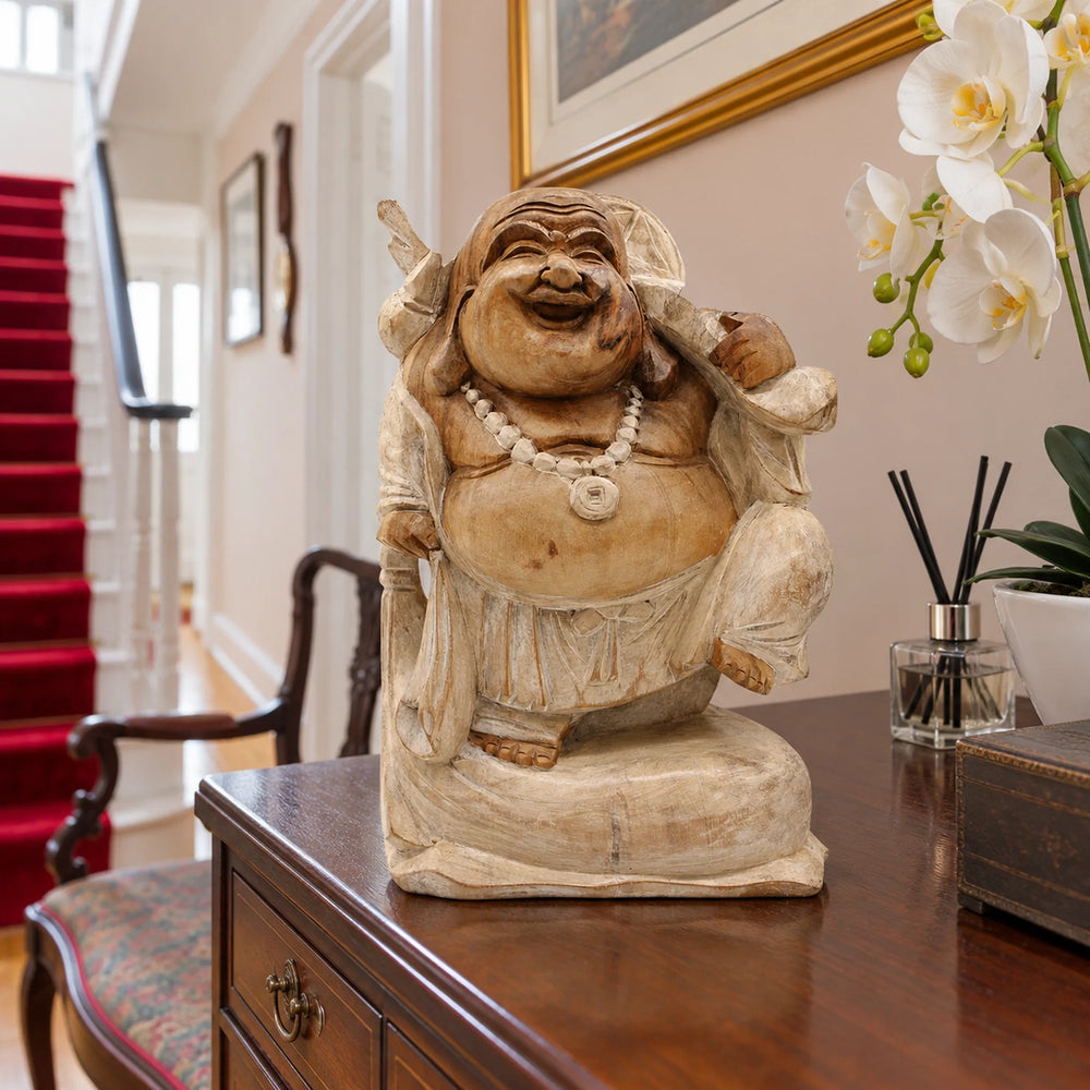 Hand Carved Wooden Happy Buddha Sitting Statue - Whitewash 30cm