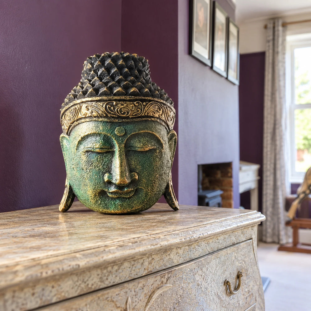 Home Decoration Buddha Head Statue - 25cm - Green Shine Finish