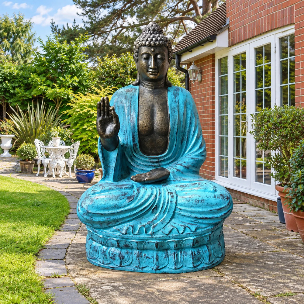 Large Outdoor Garden Buddha Teaching Statue on Lotus - Turquoise & Stone - 2m