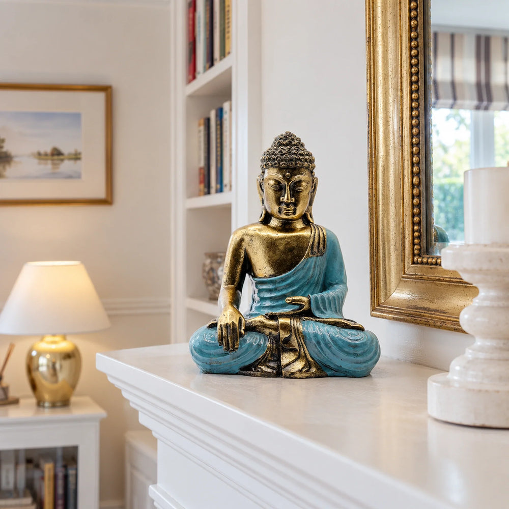 Resin Buddha Statue - Teal & Gold - Large