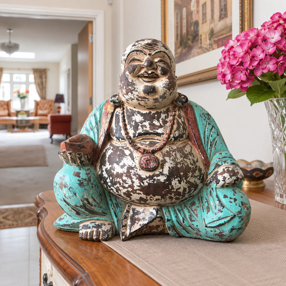 Vintage Mint Hand Carved Wooden Buddha Sitting Statue - 40cm - Happy Buddha