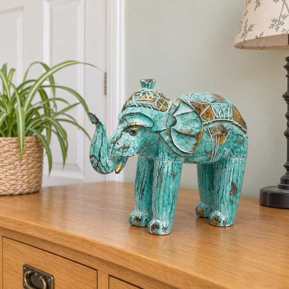 Wooden Hand Carved Elephant - Turquoise Gold