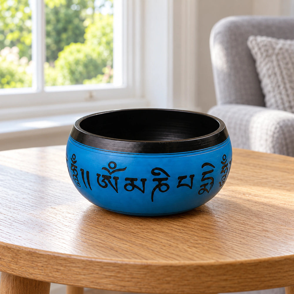 Earth Powder Tibetan Buddhist Singing Bowl - Blue Mantra Five Buddha - 16cm