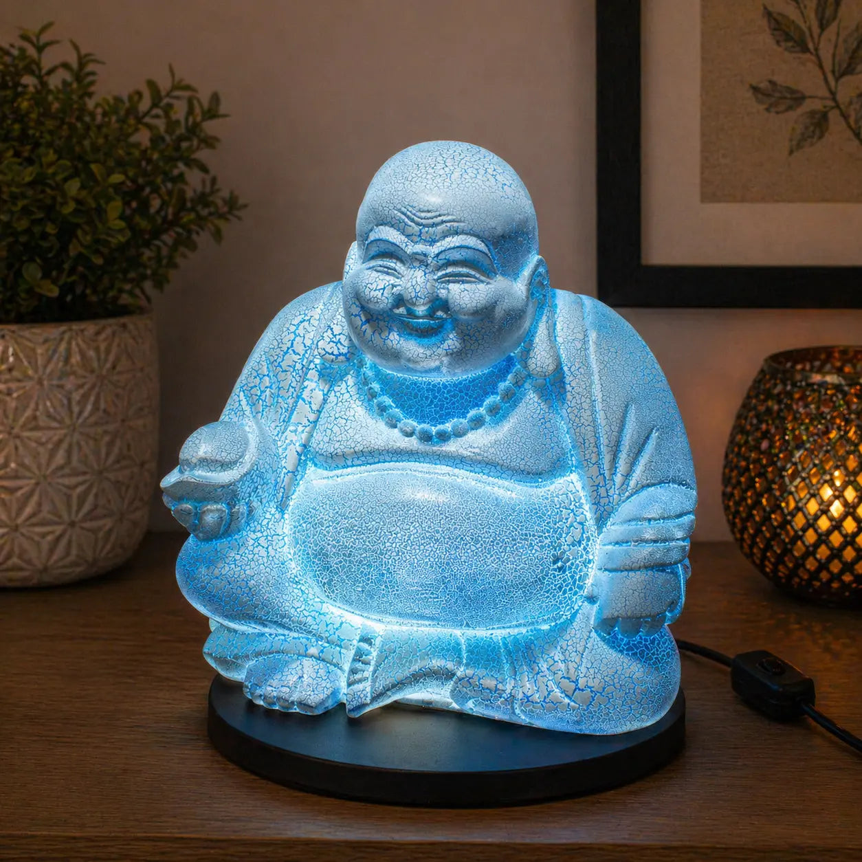 Laughing Buddha Lamp Sky Blue - Elegant Round Stand – Root & Still