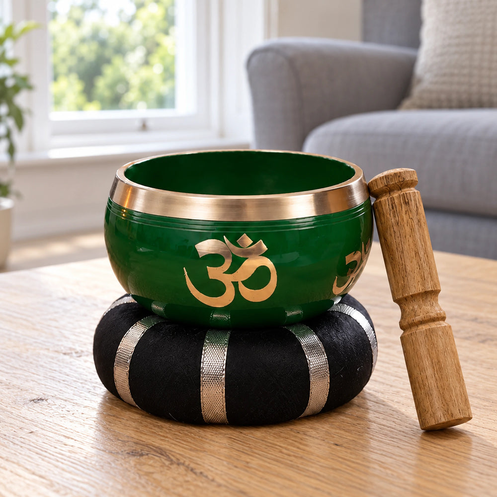 Large Tree of Life Tibetan Buddhist Singing Bowl Set- Green 14cm