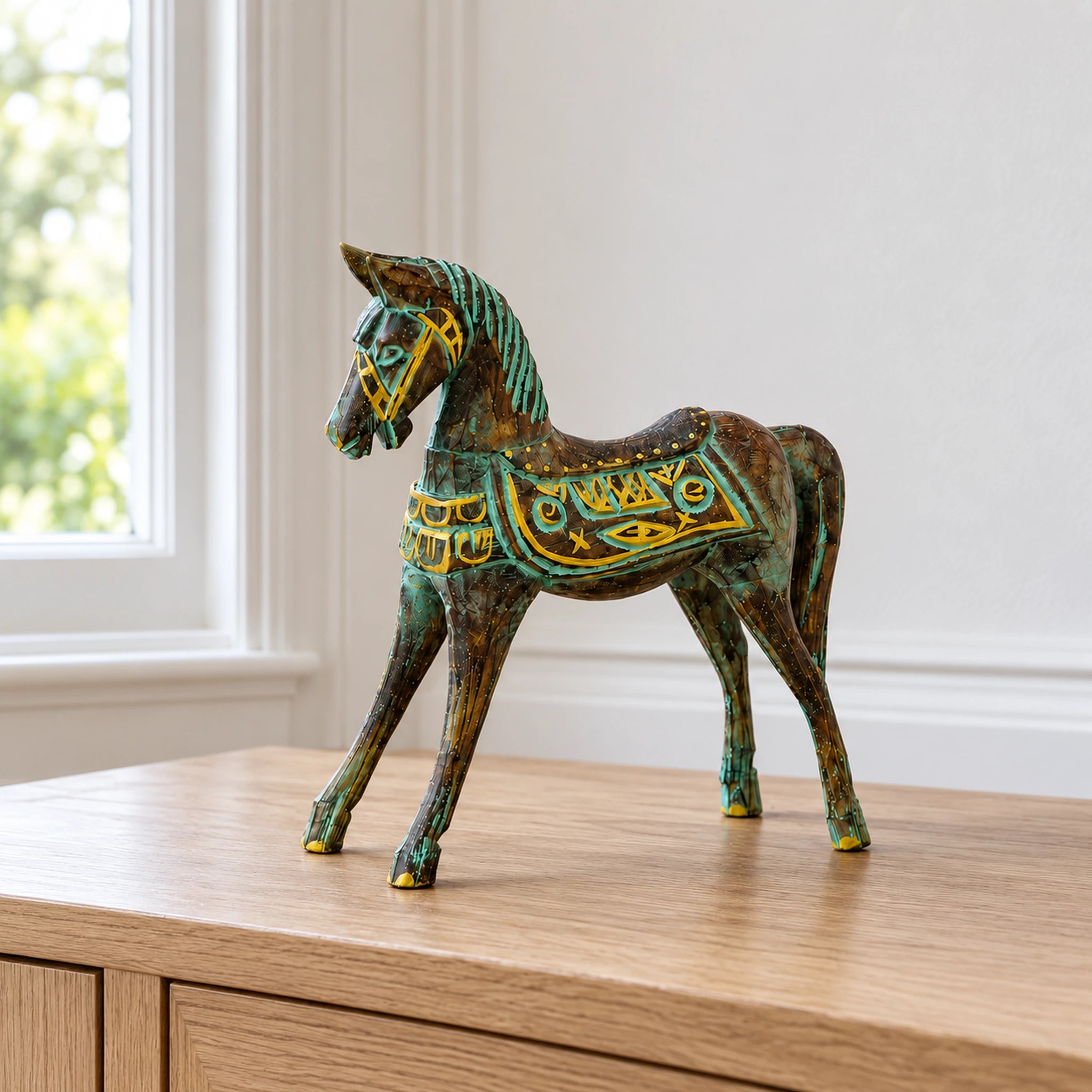 25cm Wooden Horse Ornament – Gold & Turquoise | Root & Still
