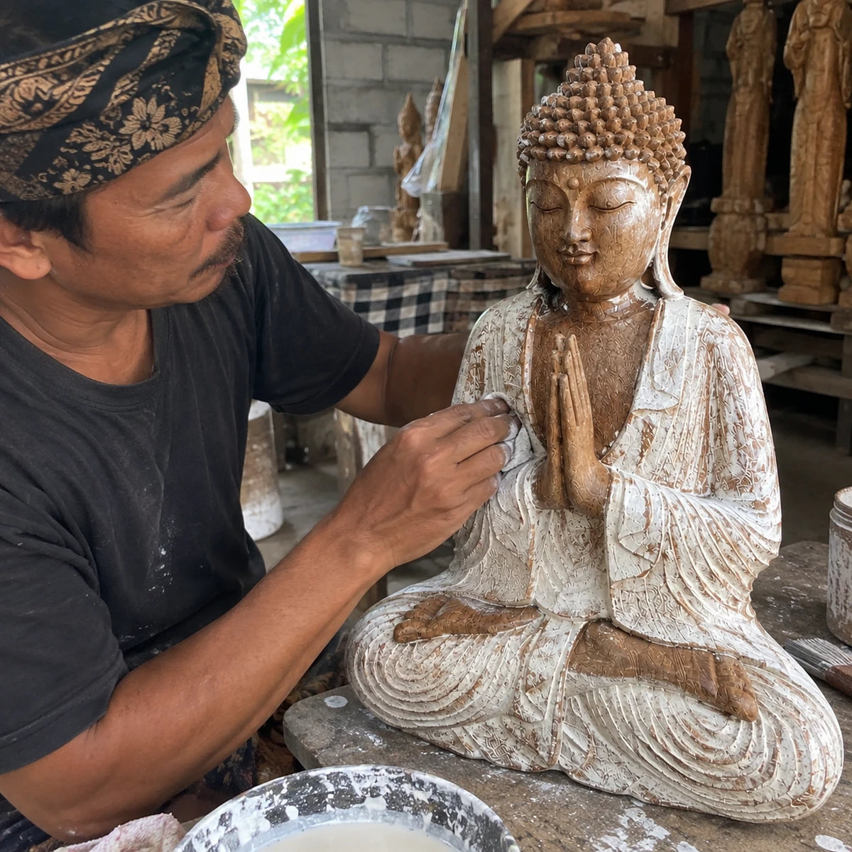 An artisan finishing a wooden Buddha statue in Indonesia