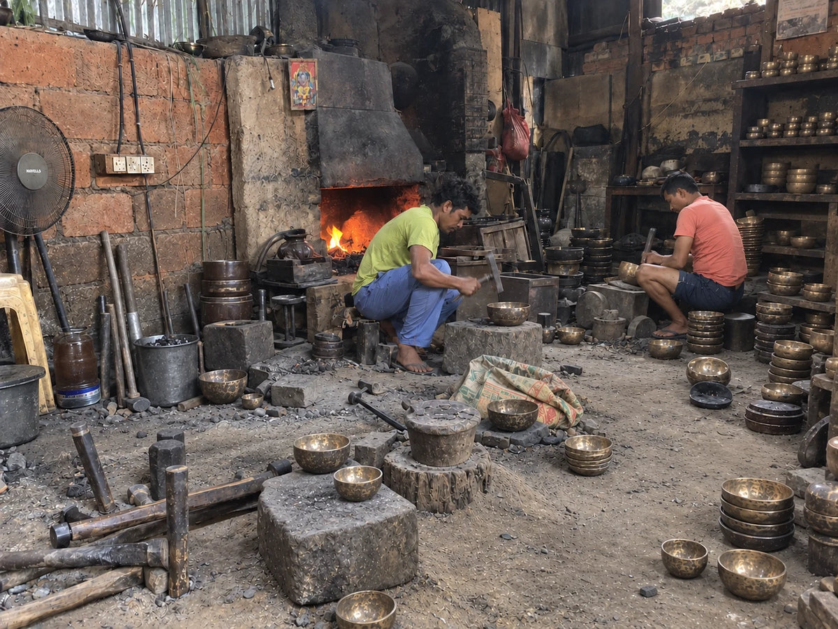 Artisans making singing bowls in a workshop in Nepal