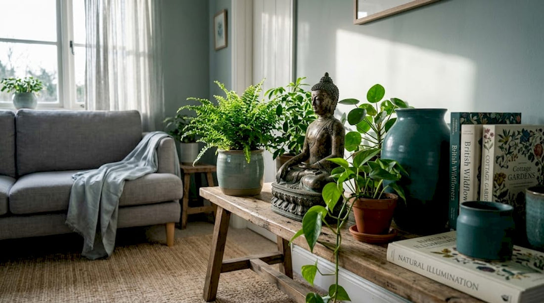 Buddha statue on table in tranquil living room