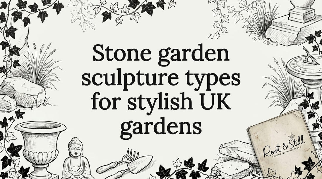Hand-drawn title card with stone sculptures and garden elements