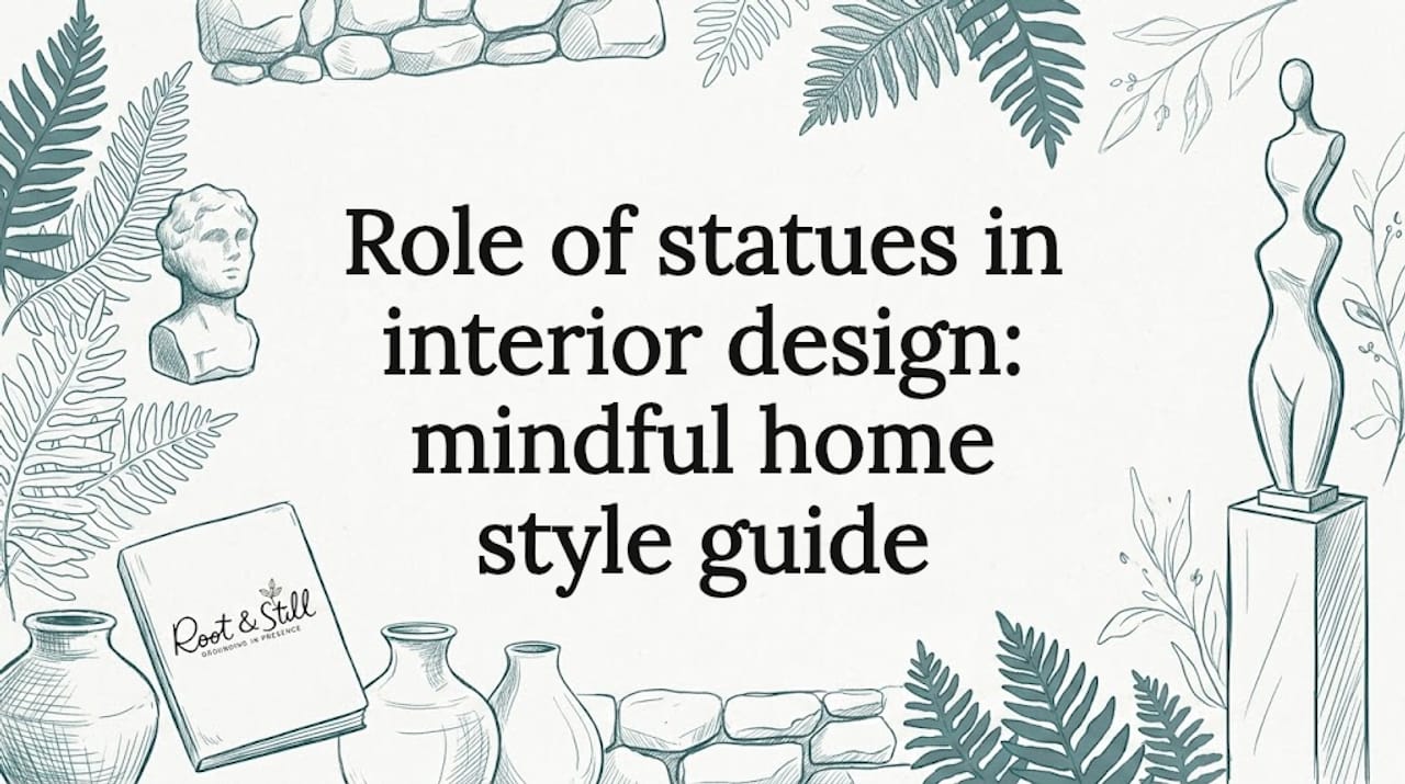 Illustrated title card with statues and botanicals
