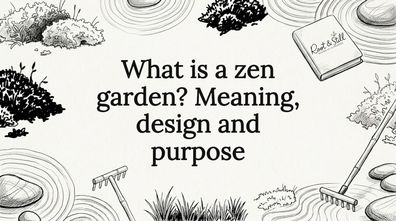 Hand-drawn zen garden objects frame clean title area