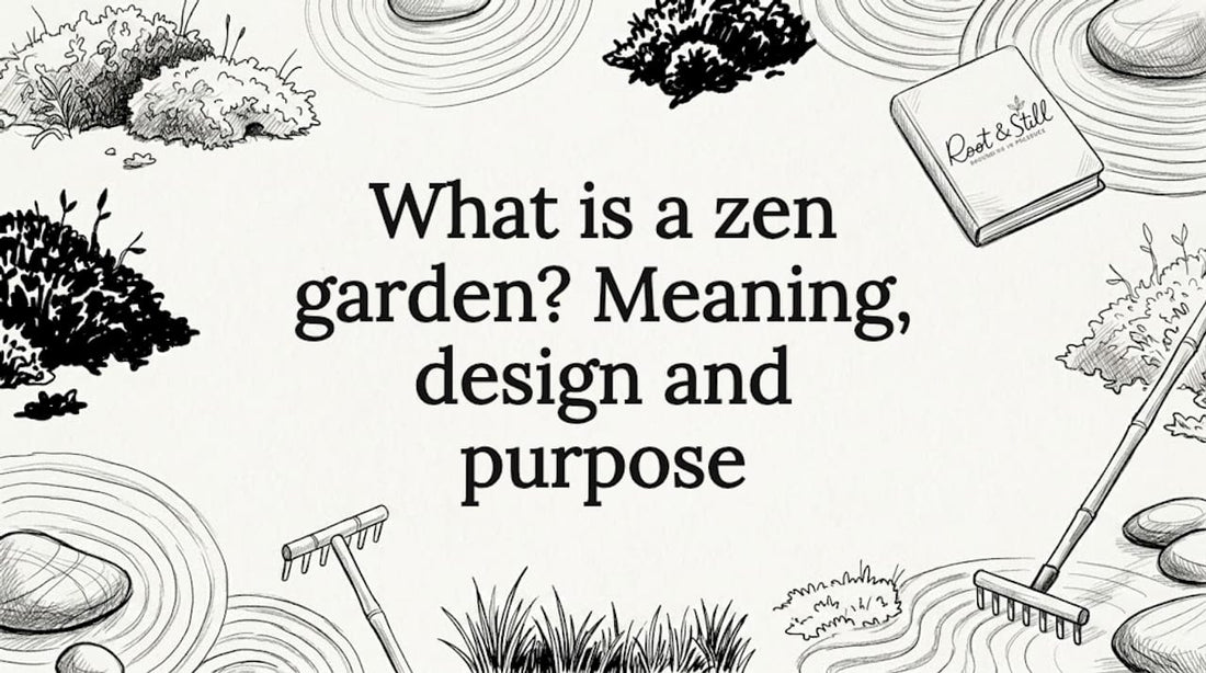 Hand-drawn zen garden objects frame clean title area