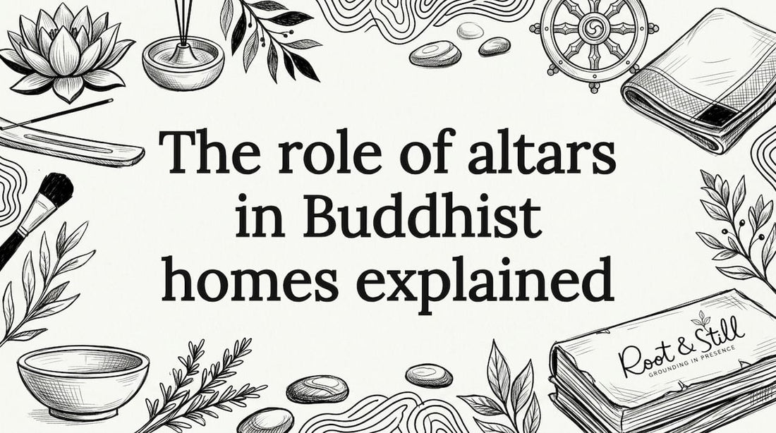 Buddhist altar themed title card with lotus, incense, Dharma wheel, and offerings