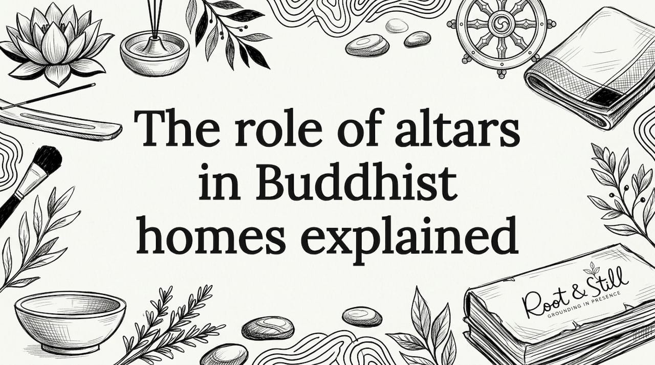 Buddhist altar themed title card with lotus, incense, Dharma wheel, and offerings