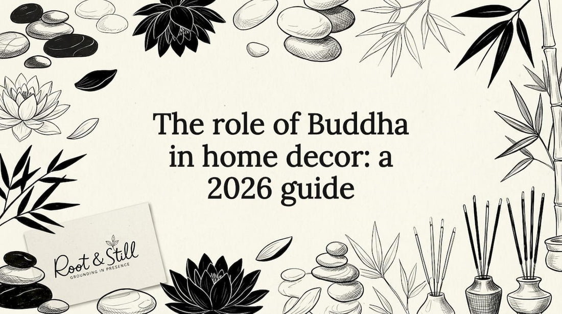 Decorative title card illustration with Buddha-themed motifs
