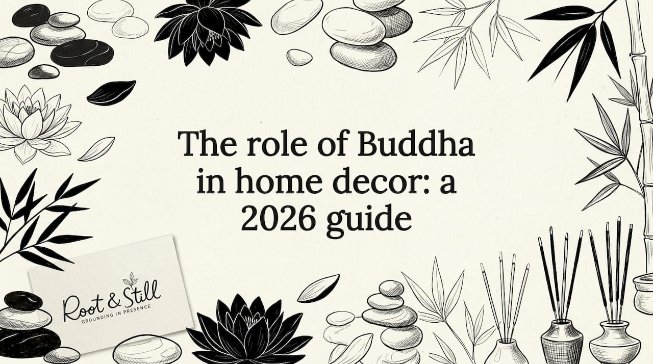 Decorative title card illustration with Buddha-themed motifs