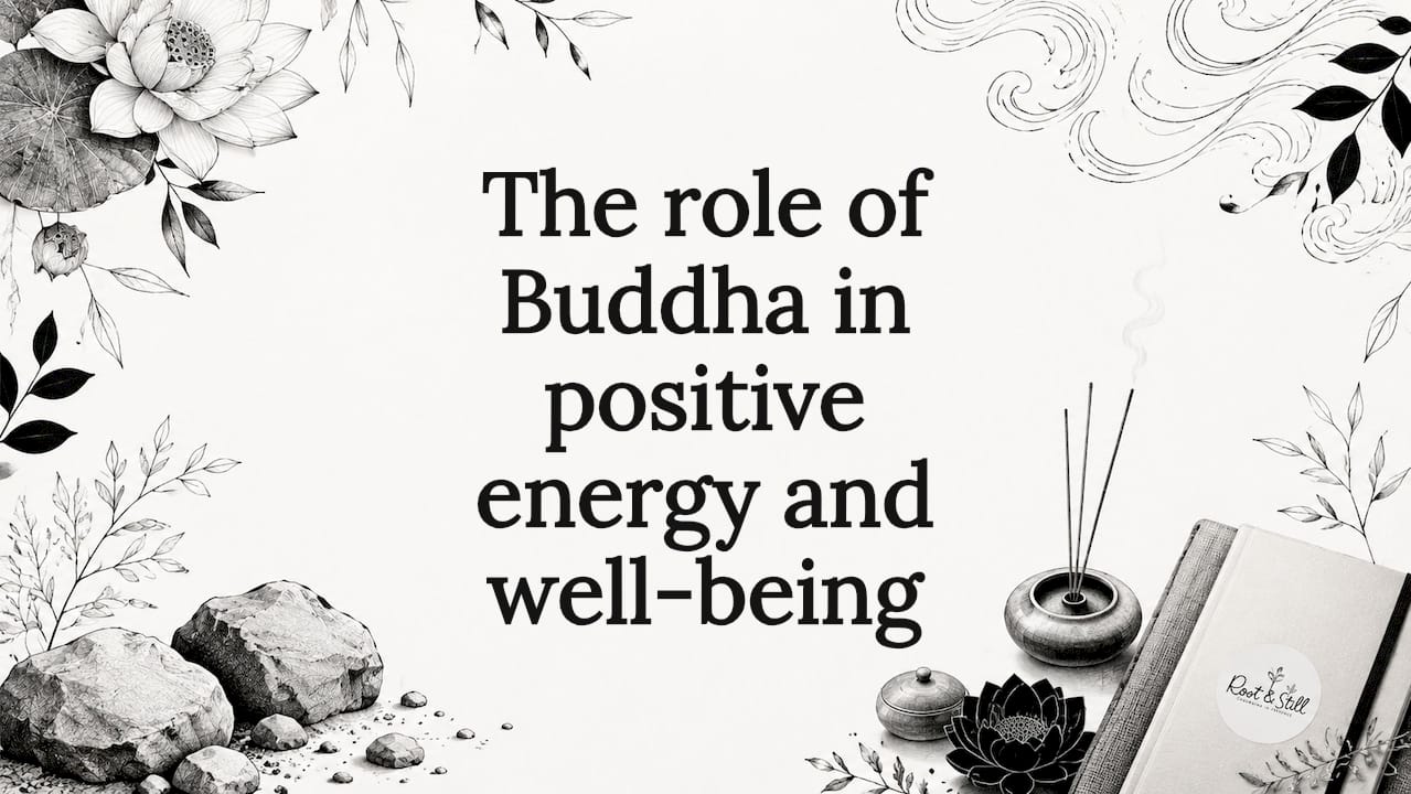 Decorative title card illustration with Buddha-themed botanical and meditation elements
