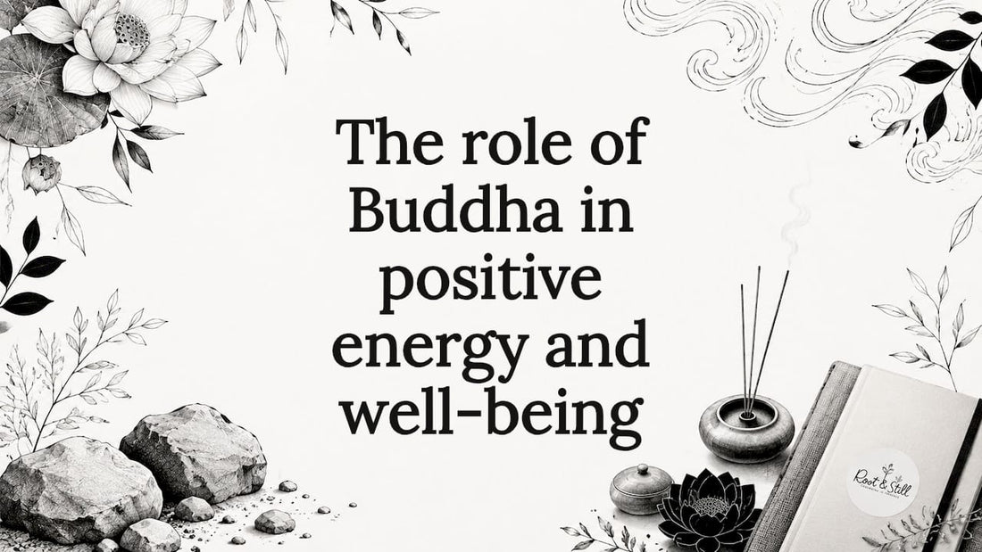 Decorative title card illustration with Buddha-themed botanical and meditation elements
