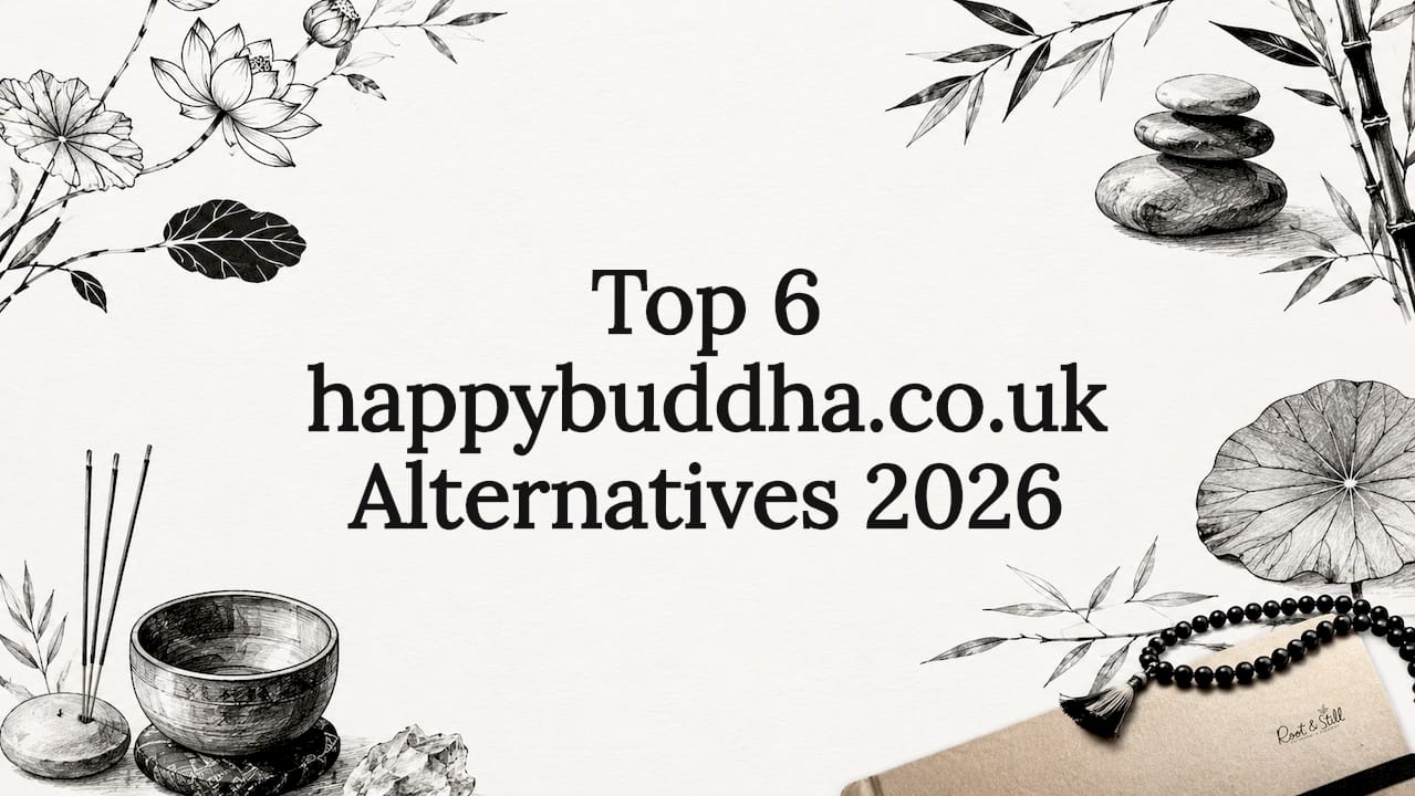 Decorative illustrated title card with botanical and spiritual elements around text area