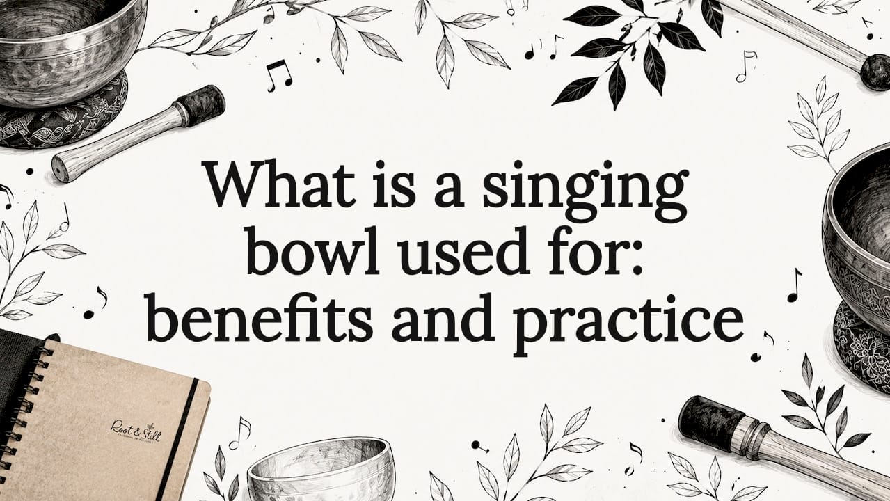 Decorative title card illustration with singing bowls and nature elements