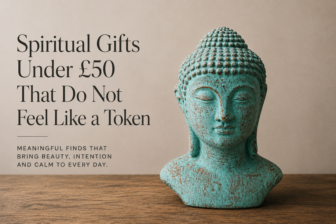 Turquoise Buddha head statue with text about meaningful spiritual gifts under £50.