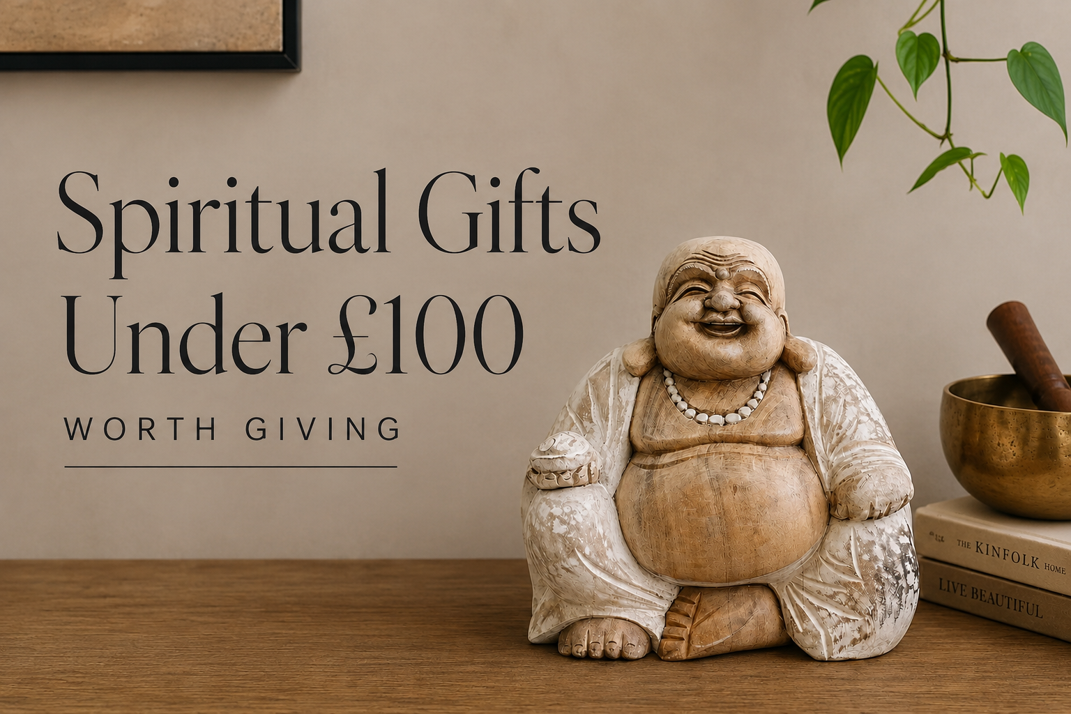 Whitewashed Buddha statue with “Spiritual Gifts Under £100” text.