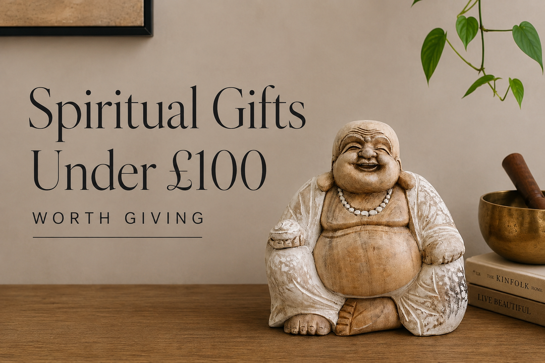 Whitewashed Buddha statue with “Spiritual Gifts Under £100” text.