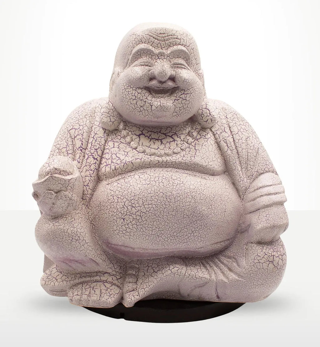 Laughing Buddha Lamp Lavender Crackle - Round Stand featuring a hand-carved resin Buddha statue with a lavender crackle finish, sitting on a round stand and radiating serene charm.