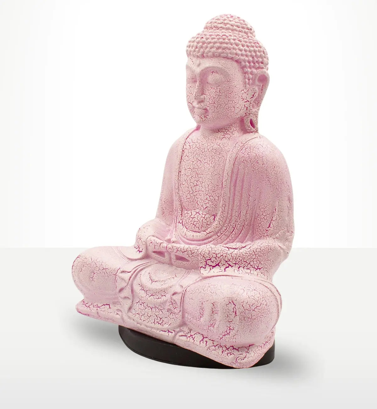 Meditation Buddha Lamp Cherry Crackle - Oval Stand featuring a pink crackled resin Buddha statue in a seated meditation pose on an oval black base, ideal for serene Buddha decor.