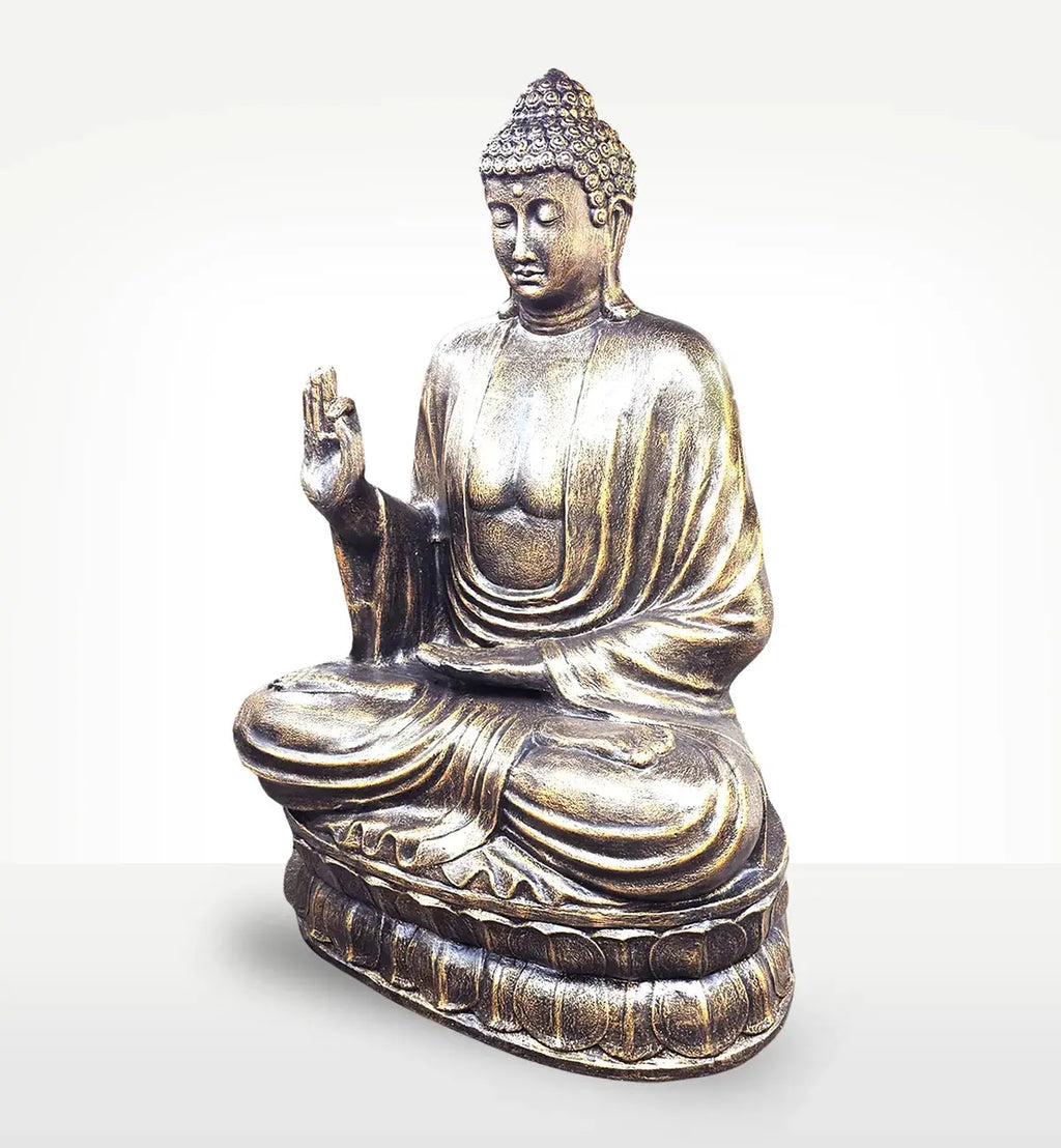 Large Antique Gold Buddha Teaching on Lotus - 2m seated in meditation pose with detailed antique gold finish, embodying tranquility and spiritual decor.