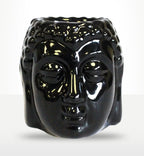 Glossy black ceramic Buddha Oil Burner - Black shaped like a serene Buddha head, ideal for enhancing peaceful home decor and relaxing aromatherapy settings.