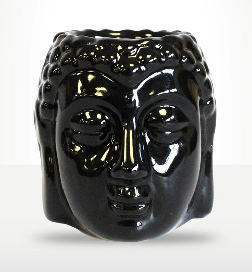 Glossy black ceramic Buddha Oil Burner - Black shaped like a serene Buddha head, ideal for enhancing peaceful home decor and relaxing aromatherapy settings.