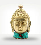 Brass Buddha Figure - Med Head - 8 cm featuring a detailed brass Buddha head with closed eyes and serene expression, adorned with turquoise mosaic accents at the base for elegant Buddha decor.