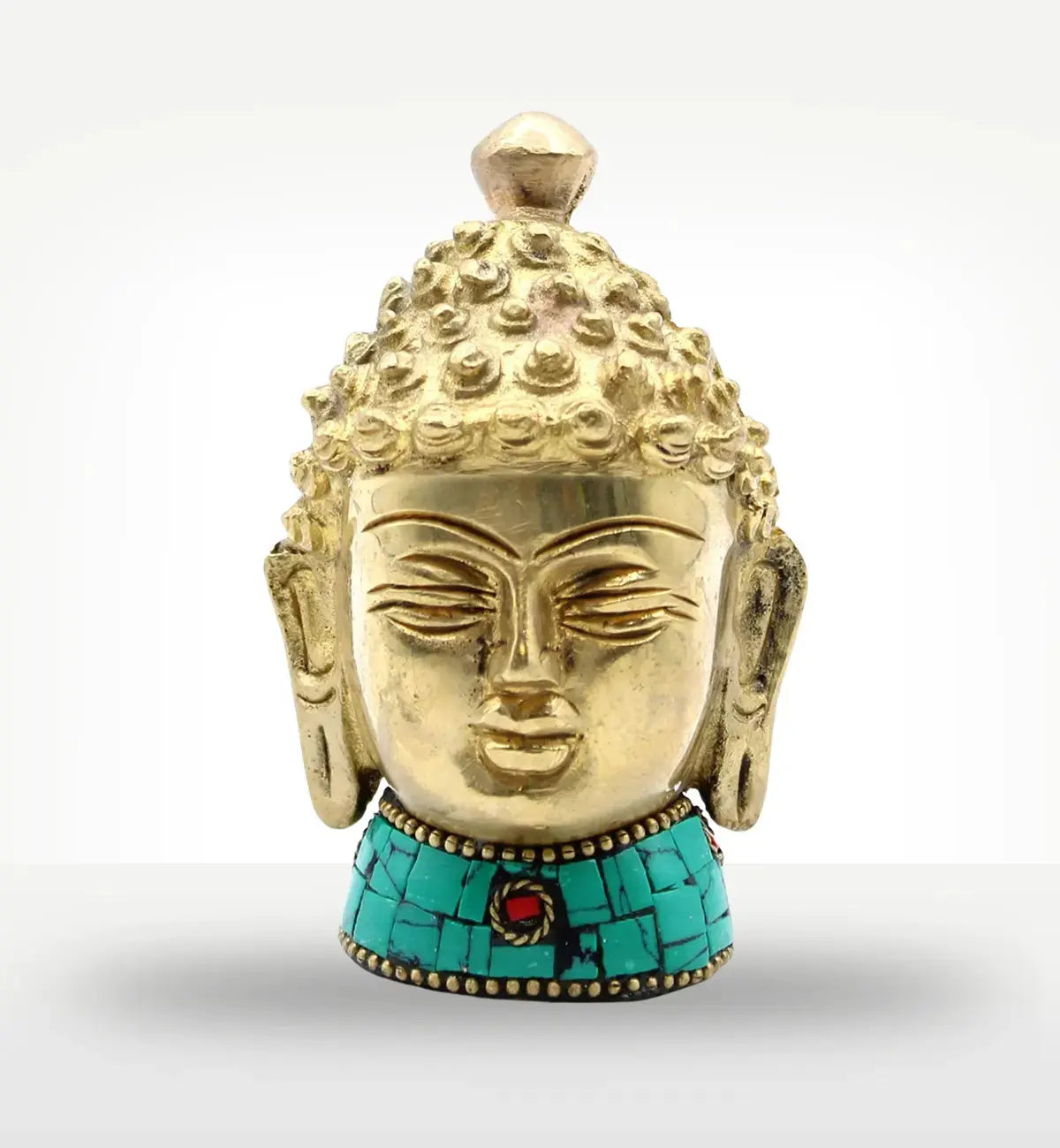 Brass Buddha Figure - Med Head - 8 cm with detailed facial features and textured hair, sitting on a decorative turquoise base, perfect for serene Buddha decor and meditation spaces.