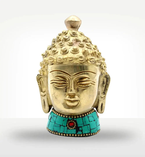 Brass Buddha Figure - Med Head - 8 cm featuring a detailed brass Buddha head with closed eyes and serene expression, adorned with turquoise mosaic accents at the base for elegant Buddha decor.