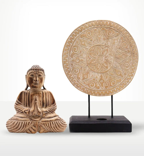 Buddha Feng Shui Set - Classic Mandala - Natural featuring a hand-carved Buddha statue in a meditative pose alongside a detailed mandala on a stand, crafted in natural wood tones.