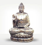 Large Antique Gold Buddha Teaching on Lotus - 2m seated in meditation with raised hand, hand carved Buddha statue with detailed robes and serene expression on lotus pedestal.