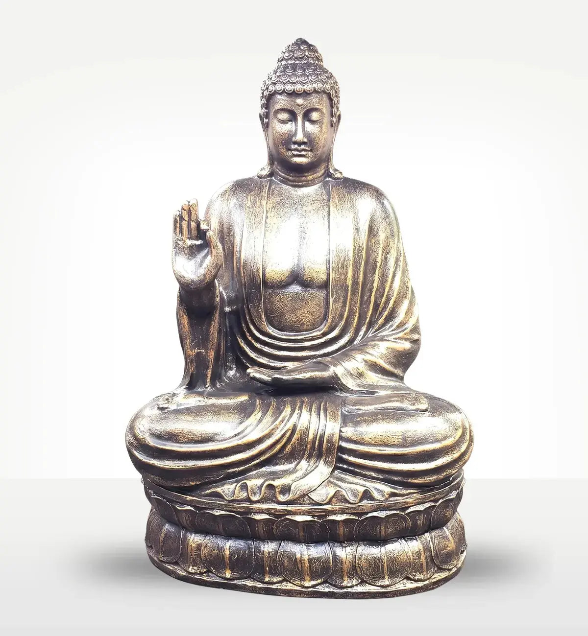 Large Antique Gold Buddha Teaching on Lotus - 2m, hand-carved statue with detailed drapery and serene expression, ideal as brass Buddha figure decor or meditation centerpiece.
