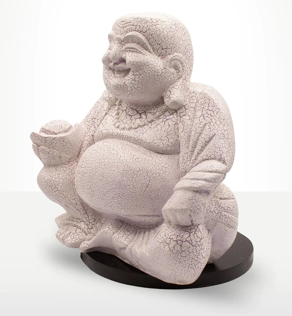 Laughing Buddha Lamp Lavender Crackle - Round Stand featuring a lavender crackle finish on a joyful Buddha figure sitting on a smooth round base, ideal for Buddha decor and glow lamps.
