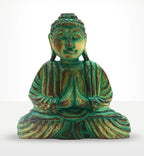 Hand-carved hand-painted Buddha statue in green and natural wood tones with a serene meditative pose, part of the Buddha Feng Shui Set - Buddha Knot - Green.