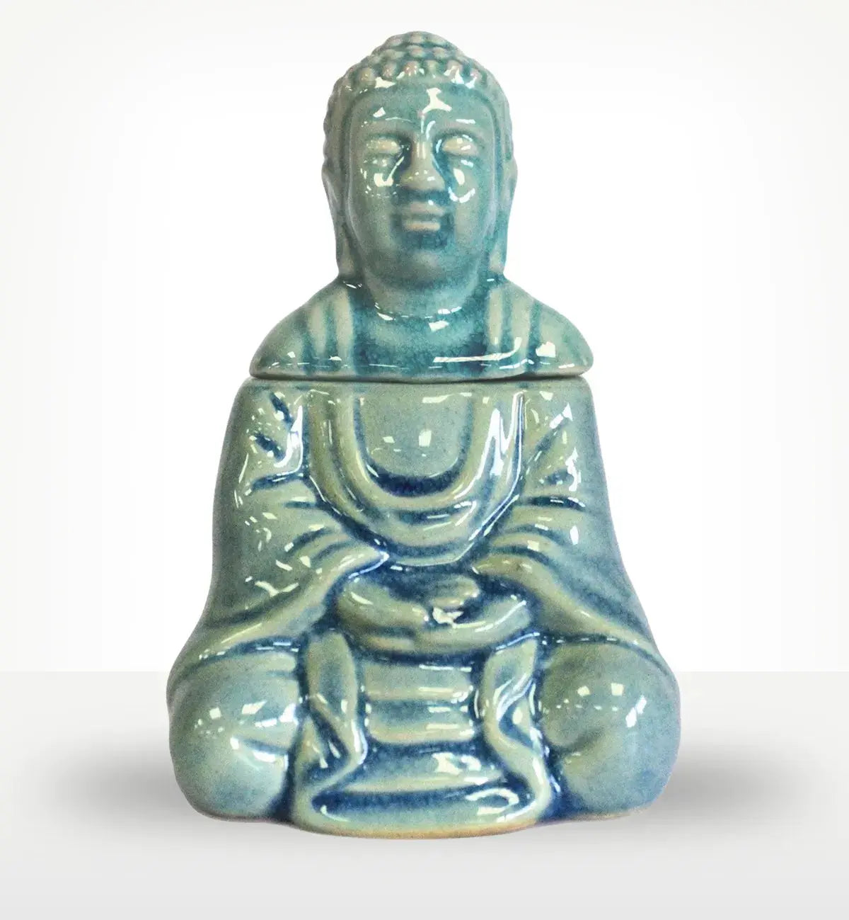 Glossy blue Sitting Buddha Oil Burner - Blue made of ceramic with detailed serene Buddha figure holding a bowl, perfect for Buddha decor and calming ambiance.