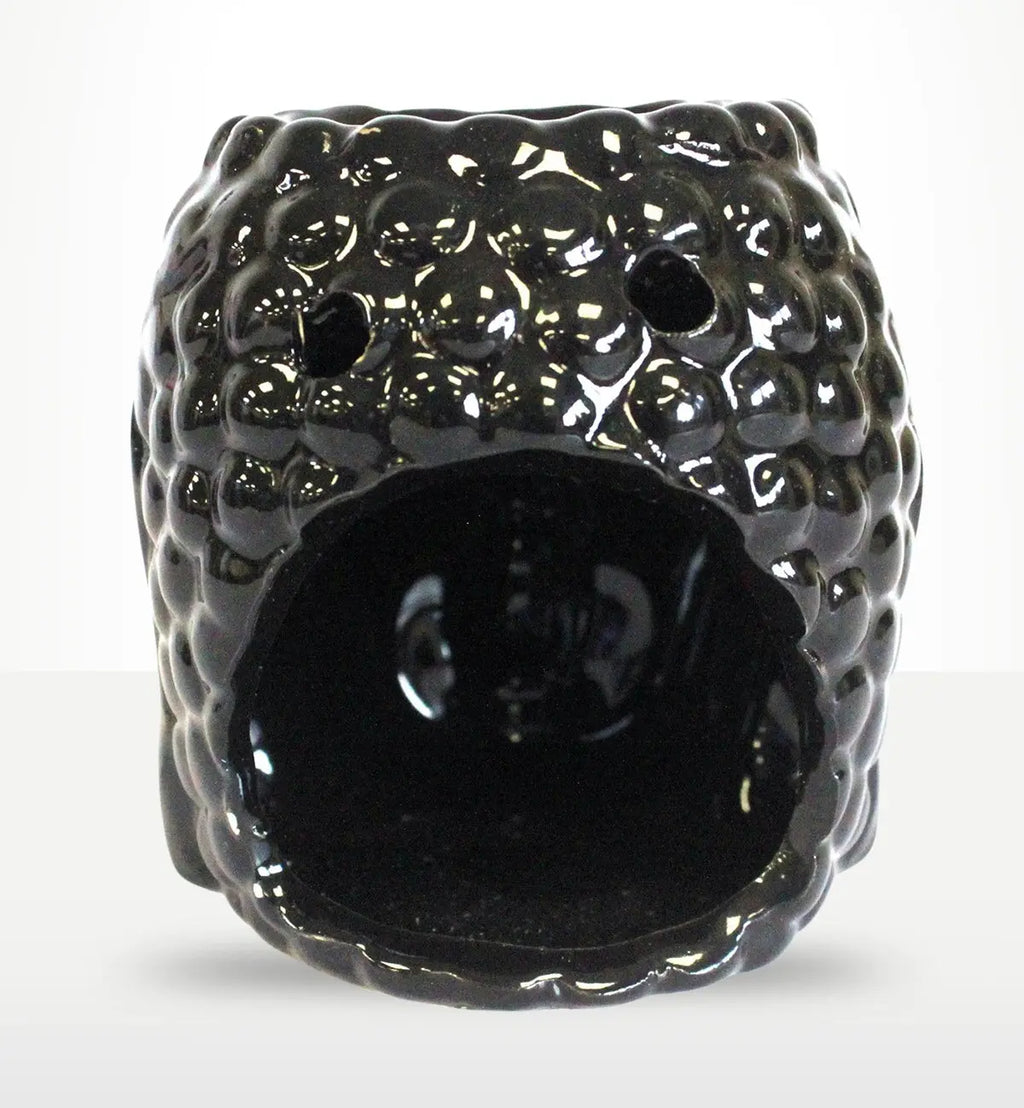 Glossy black ceramic Buddha Oil Burner - Black with textured surface and open front for placing oil or wax melts, designed for Buddha-themed home decor and relaxation.