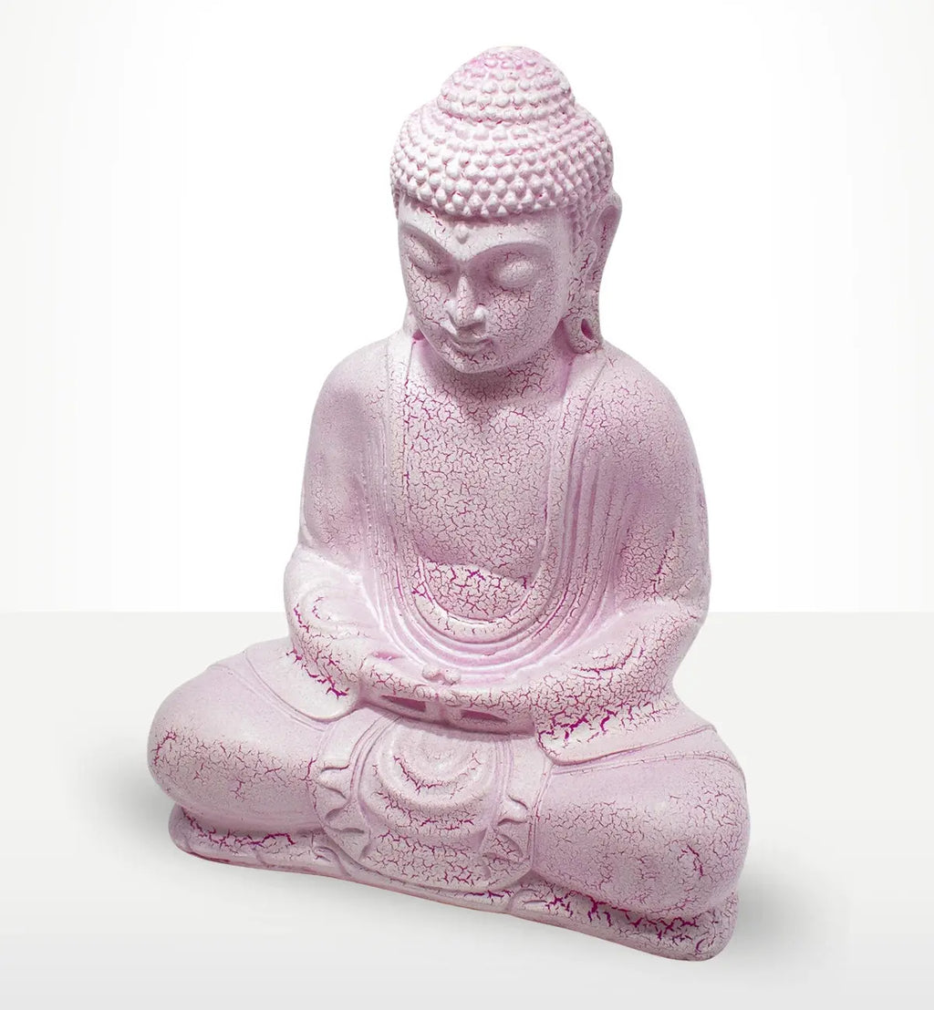 Meditation Buddha Lamp Cherry Crackle - Oval Stand in soft pink with a crackled texture, depicting a serene Buddha figure seated in meditation with intricate detailing on the robe and hair.
